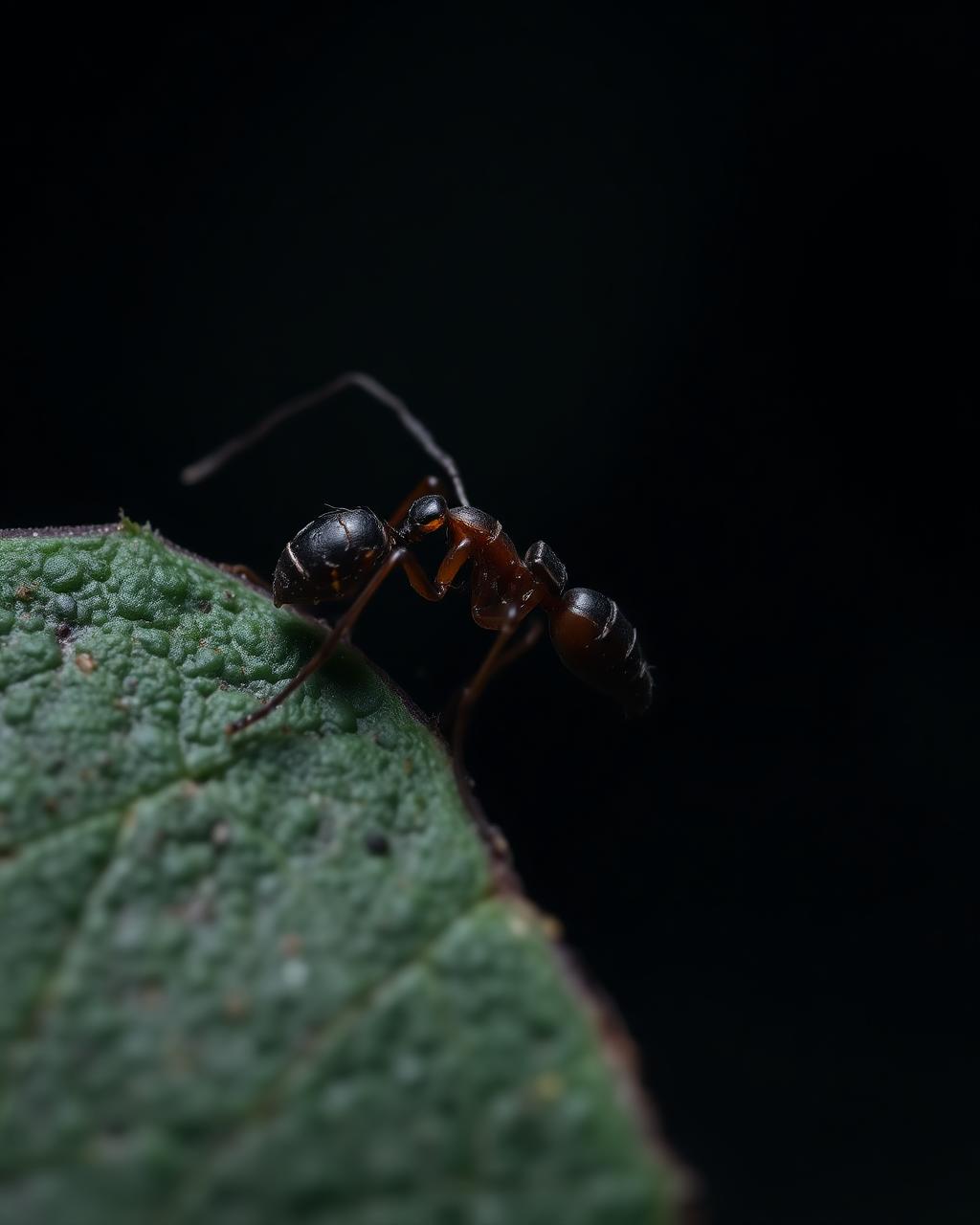 Macro photograph of an ant on a leaf