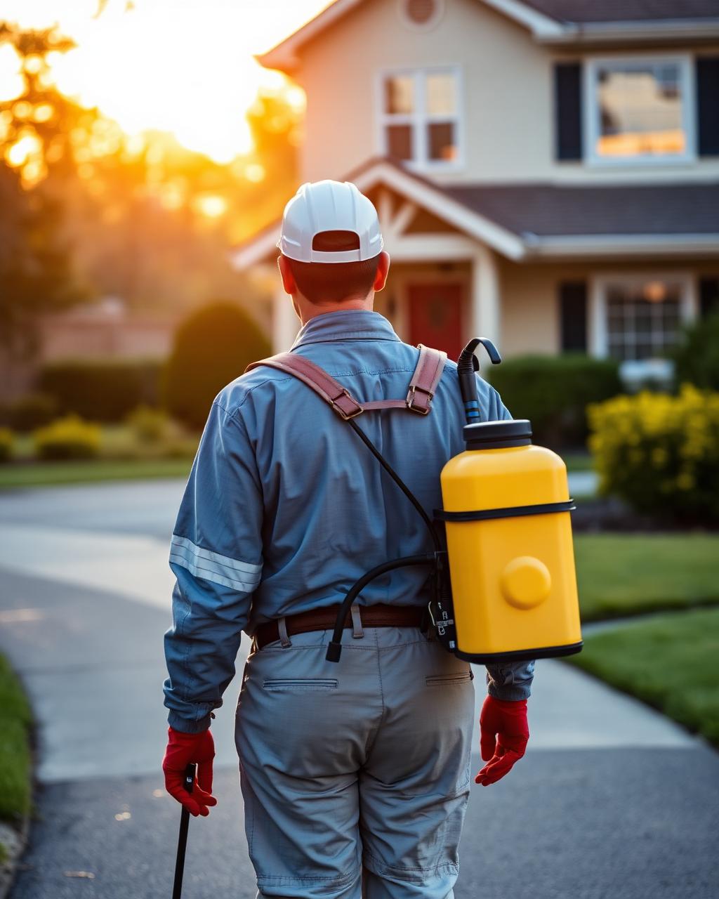 Sentinel pest control technician approaching a home